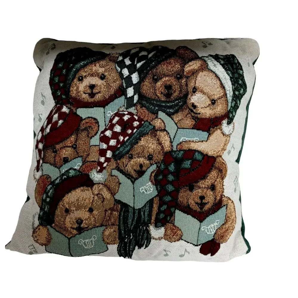 Vintage Christmas Teddy Bear Choir Pillow Holiday Decor 15 x 15